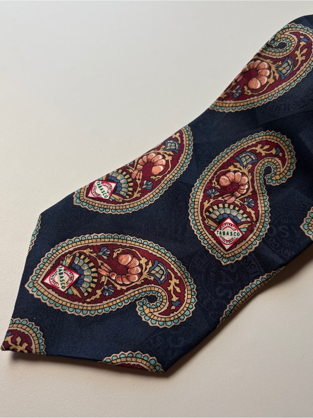 Vintage Tabasco Silk Tie Blue Paisley Shrimp Novelty Necktie Made in USA 3.75"